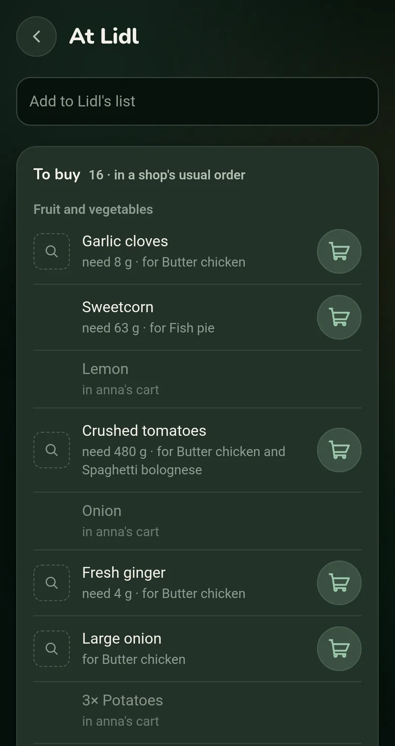 Fridg at Lidl: the week's ingredients in the shop's usual order, with the potatoes, the onion and the lemon already in anna's cart